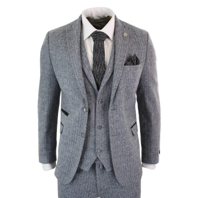 Men's Light Grey 3 Piece Tweed Herringbone Suit - STZ11