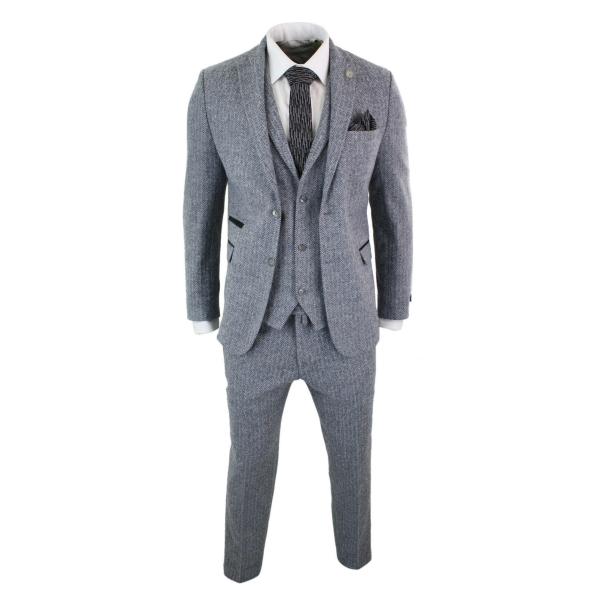 Men's Light Grey 3 Piece Tweed Herringbone Suit - STZ11