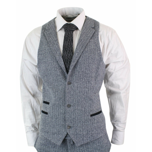 Men's Light Grey 3 Piece Tweed Herringbone Suit - STZ11