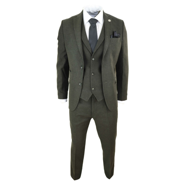 Mens Olive Green Wool Tweed 3 Piece Suit - STZ11