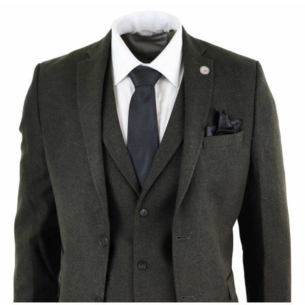 Mens Olive Green Wool Tweed 3 Piece Suit - STZ11