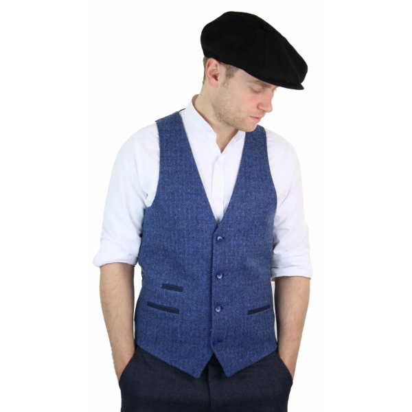 Mens Blue Waistcoat Tweed Herringbone Wool Peaky Blinders Vintage Retro