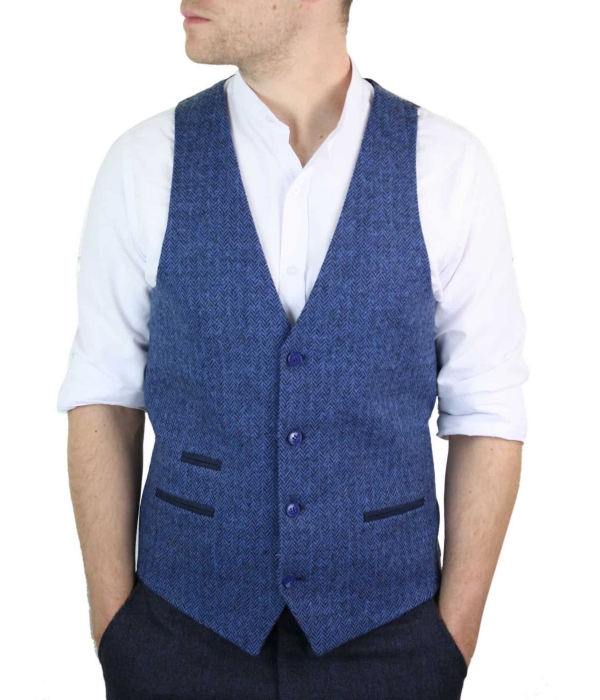 Mens Blue Waistcoat Tweed Herringbone Wool Peaky Blinders Vintage Retro