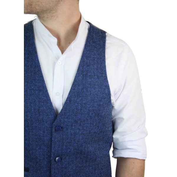 Mens Blue Waistcoat Tweed Herringbone Wool Peaky Blinders Vintage Retro