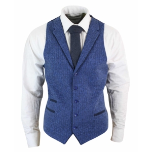 Mens Blue Waistcoat Tweed Herringbone Wool Peaky Blinders Vintage Retro