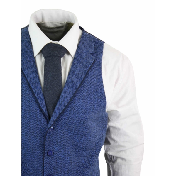 Mens Blue Waistcoat Tweed Herringbone Wool Peaky Blinders Vintage Retro