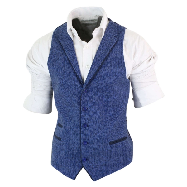 Mens Blue Waistcoat Tweed Herringbone Wool Peaky Blinders Vintage Retro