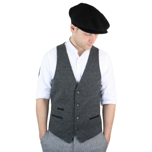 Mens Charcoal Waistcoat Tweed Herringbone Wool Peaky Blinders Vintage Retro