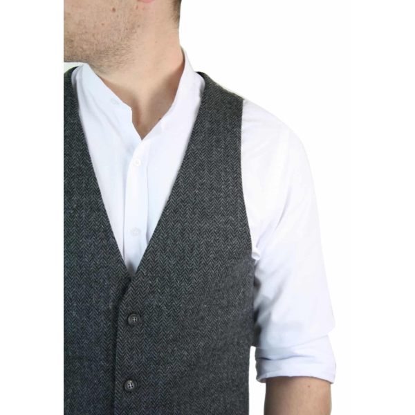 Mens Charcoal Waistcoat Tweed Herringbone Wool Peaky Blinders Vintage Retro