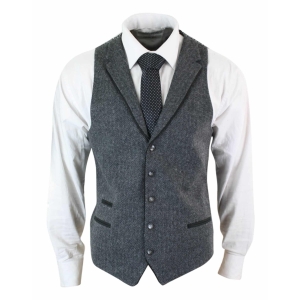 Mens Charcoal Waistcoat Tweed Herringbone Wool Peaky Blinders Vintage Retro