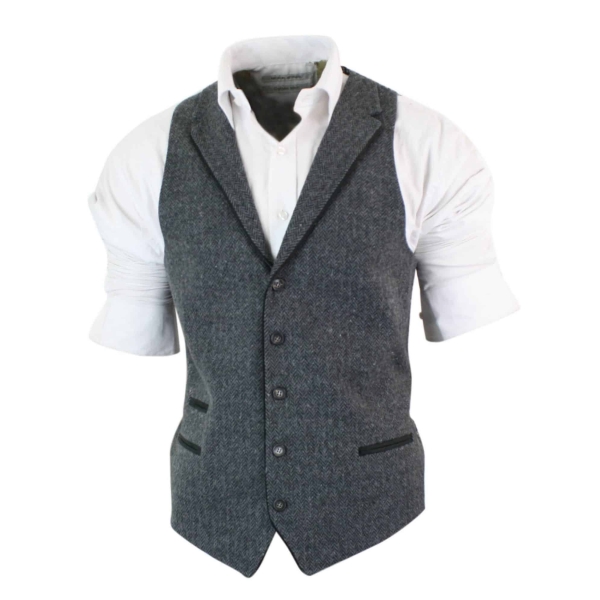 Mens Charcoal Waistcoat Tweed Herringbone Wool Peaky Blinders Vintage Retro