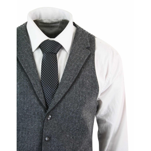 Mens Charcoal Waistcoat Tweed Herringbone Wool Peaky Blinders Vintage Retro