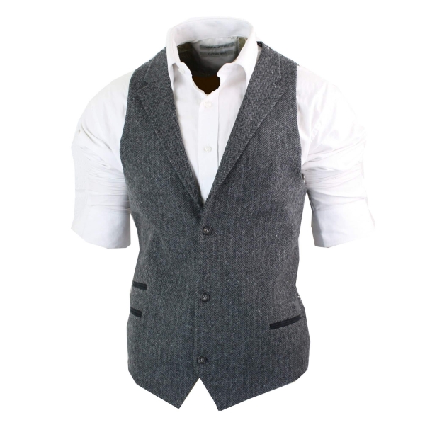 Mens Charcoal Waistcoat Tweed Herringbone Wool Peaky Blinders Vintage Retro