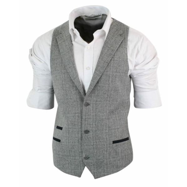 Mens Waistcoat Wool Check Herringbone Tweed Brown Black Classic Vintage Fit