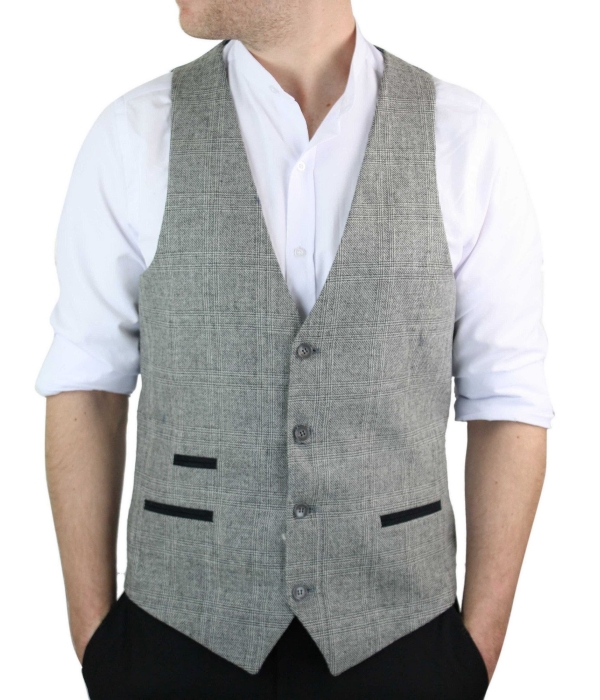 Mens Waistcoat Wool Check Herringbone Tweed Brown Black Classic Vintage Fit