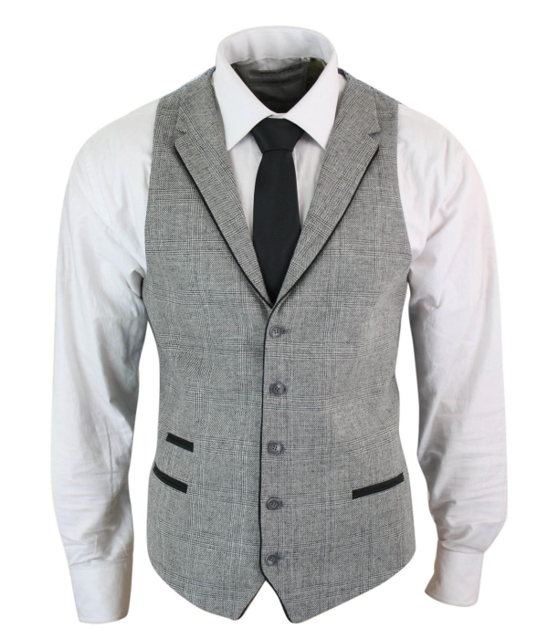 Mens Waistcoat Wool Check Herringbone Tweed Brown Black Classic Vintage Fit