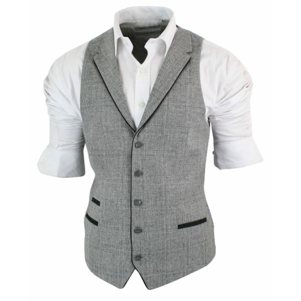 Mens Waistcoat Wool Check Herringbone Tweed Brown Black Classic Vintage Fit