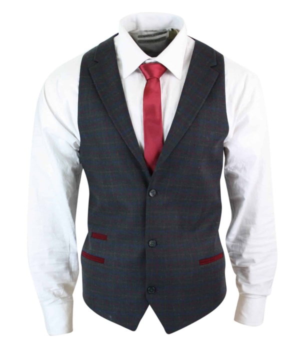 Mens Waistcoat Wool Olive Green with Red Blue Brown Check Tweed Classic Vintage Tailored Fit