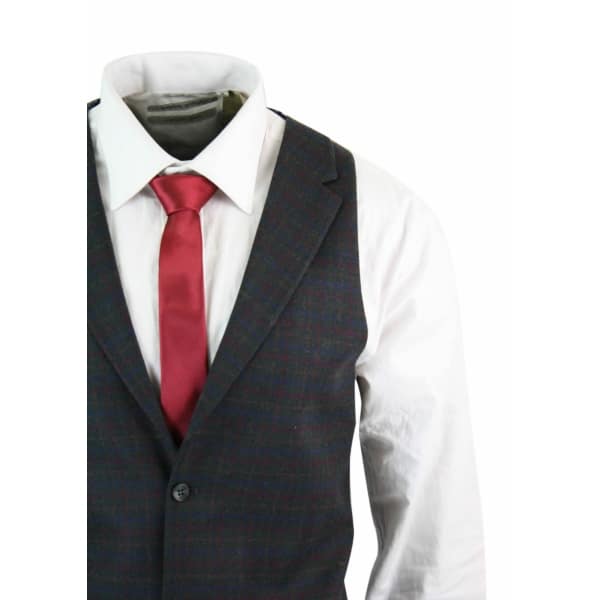 Mens Waistcoat Wool Olive Green with Red Blue Brown Check Tweed Classic Vintage Tailored Fit