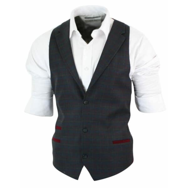 Mens Waistcoat Wool Olive Green with Red Blue Brown Check Tweed Classic Vintage Tailored Fit