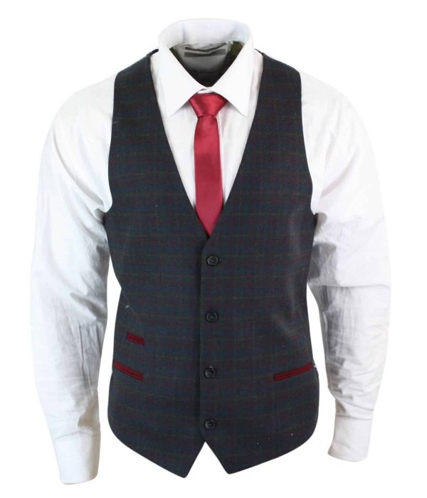 Mens Waistcoat Wool Olive Green with Red Blue Brown Check Tweed Classic Vintage Tailored Fit