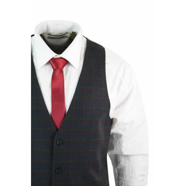 Mens Waistcoat Wool Olive Green with Red Blue Brown Check Tweed Classic Vintage Tailored Fit