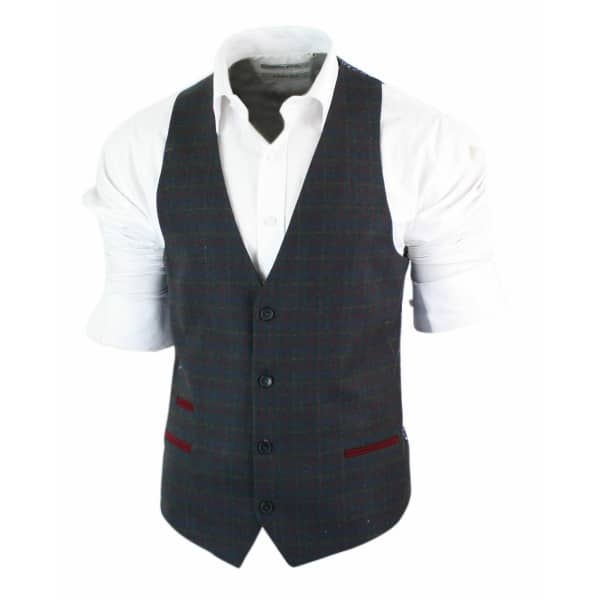 Mens Waistcoat Wool Olive Green with Red Blue Brown Check Tweed Classic Vintage Tailored Fit