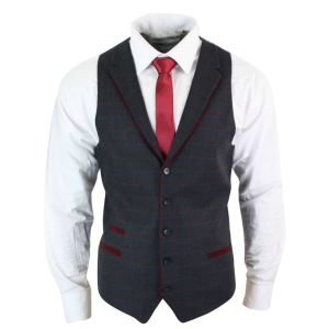 Mens Waistcoat Wool Olive Green with Red Blue Brown Check Tweed Classic Vintage Tailored Fit