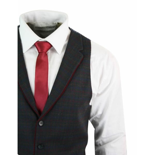 Mens Waistcoat Wool Olive Green with Red Blue Brown Check Tweed Classic Vintage Tailored Fit