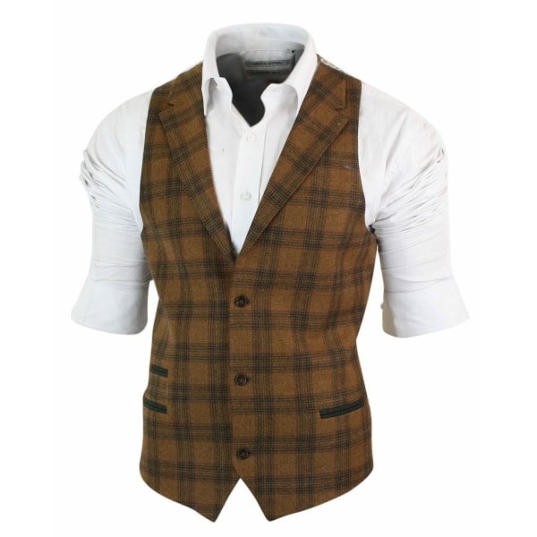 Mens Waistcoat Wool Tan Brown Check Tweed Classic Vintage Tailored Fit