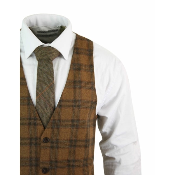 Mens Waistcoat Wool Tan Brown Check Tweed Classic Vintage Tailored Fit