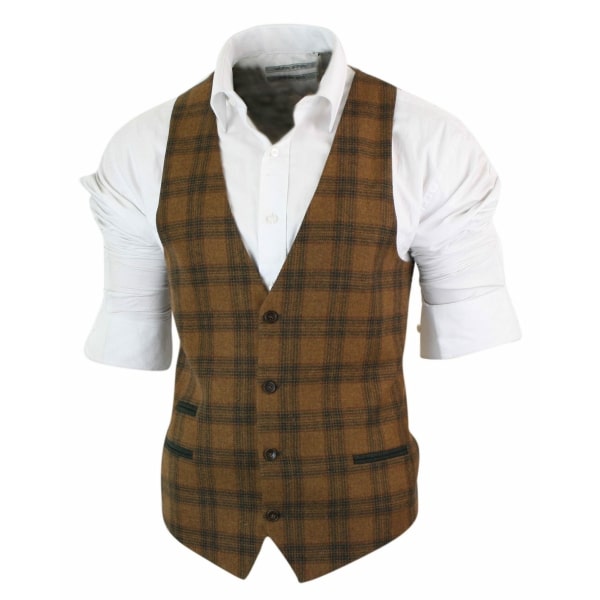 Mens Waistcoat Wool Tan Brown Check Tweed Classic Vintage Tailored Fit