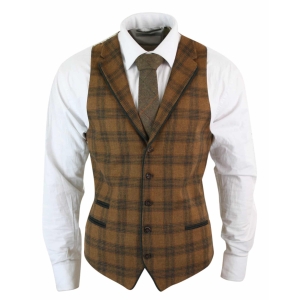 Mens Waistcoat Wool Tan Brown Check Tweed Classic Vintage Tailored Fit