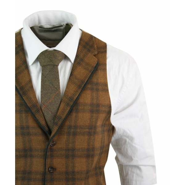 Mens Waistcoat Wool Tan Brown Check Tweed Classic Vintage Tailored Fit