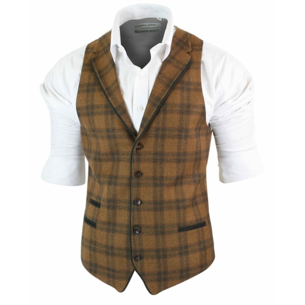 Mens Waistcoat Wool Tan Brown Check Tweed Classic Vintage Tailored Fit