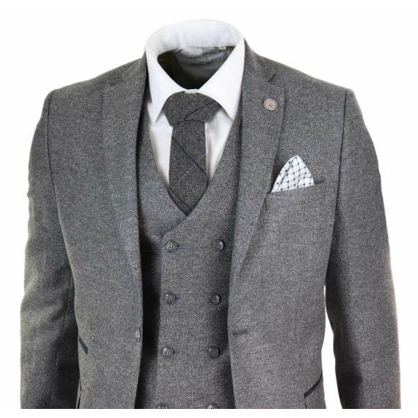 Mens 3 Piece Grey Suit with Double Breasted Waistcoat