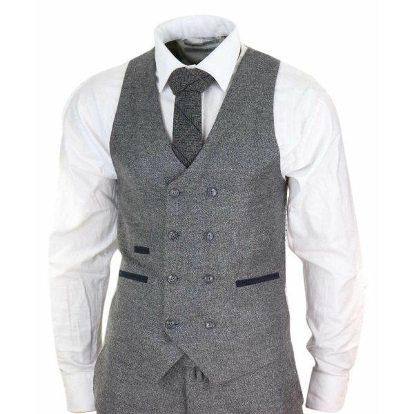 Mens 3 Piece Grey Suit with Double Breasted Waistcoat