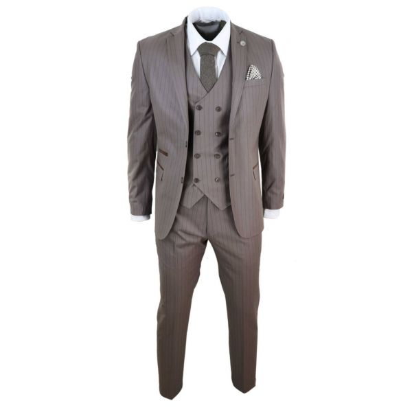 Mens 3 Piece Pinstripe Beige Suit