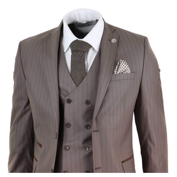 Mens 3 Piece Pinstripe Beige Suit