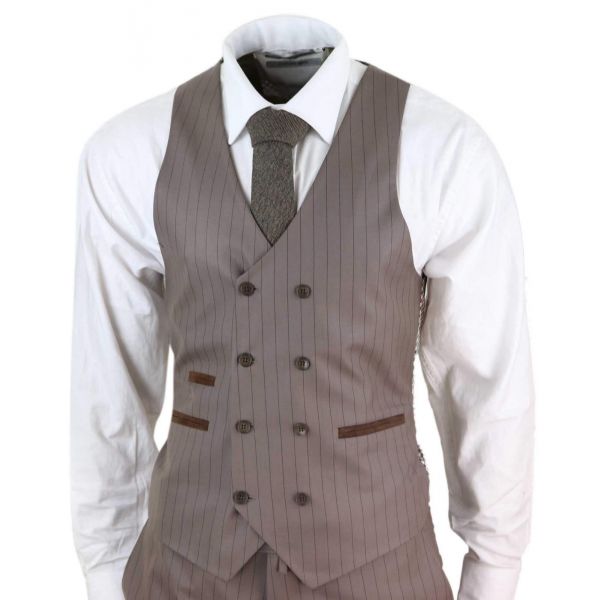 Mens 3 Piece Pinstripe Beige Suit