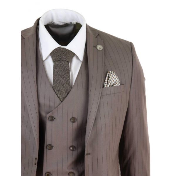 Mens 3 Piece Pinstripe Beige Suit