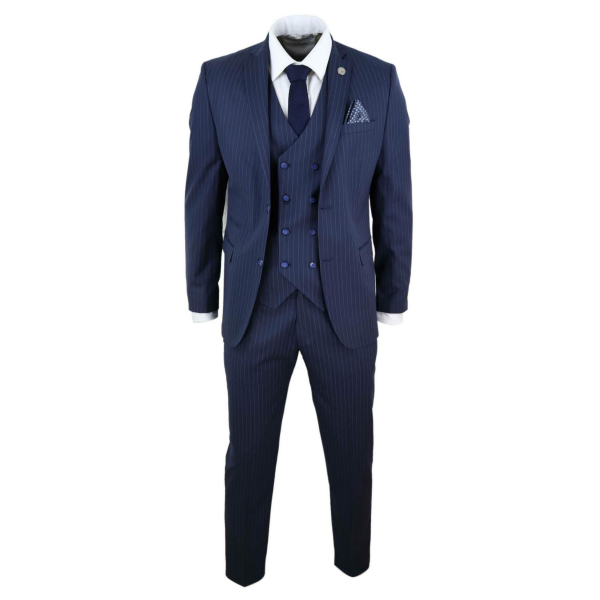 Mens 3 Piece Pinstripe Navy-Blue Suit