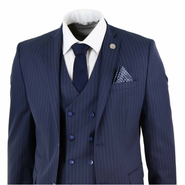 Mens 3 Piece Pinstripe Navy-Blue Suit