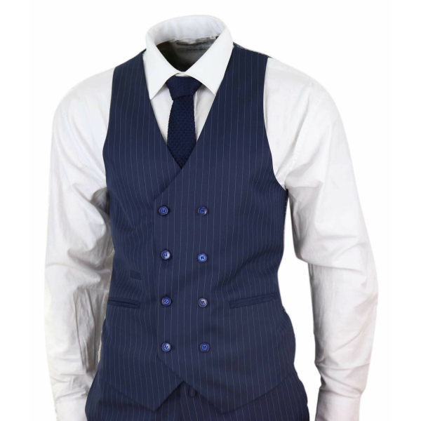 Mens 3 Piece Pinstripe Navy-Blue Suit