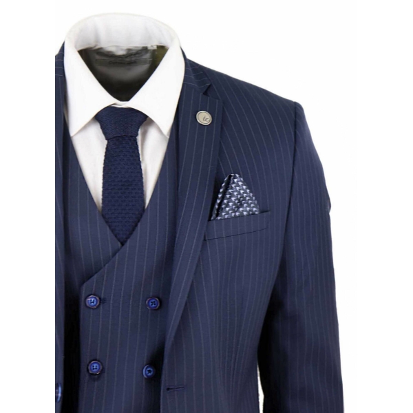 Mens 3 Piece Pinstripe Navy-Blue Suit