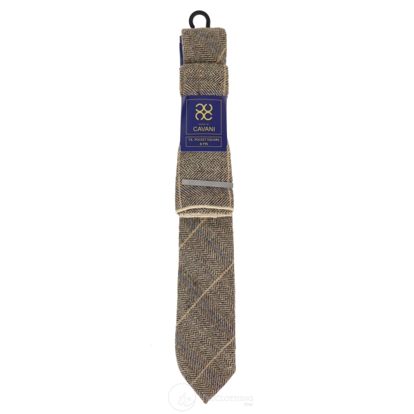 Tan-Brown Check Tweed Tie with Hankie and Tie Clip - Tan Brown