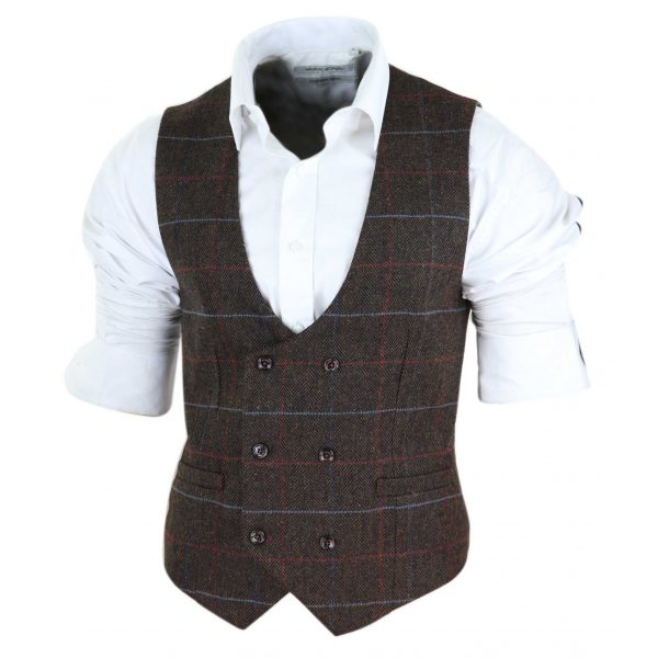 Cavani Tommy - Men's Brown Herringbone Tweed Check Waistcoat