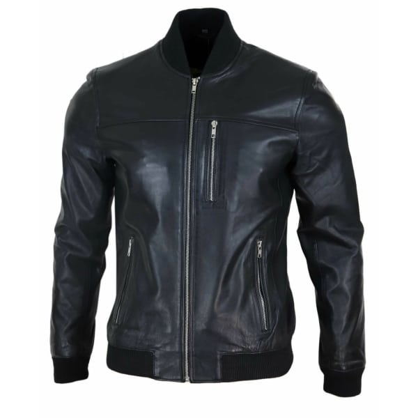 Mens Black Leather Bomber Jacket