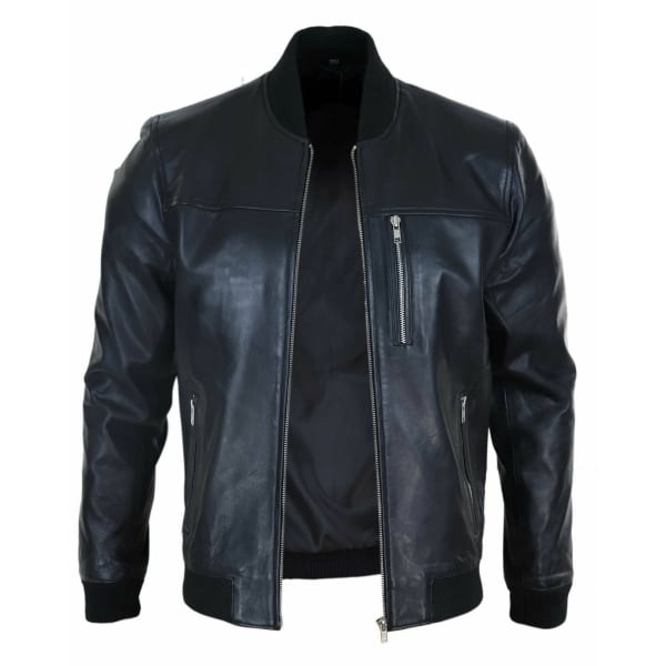 Mens Black Leather Bomber Jacket