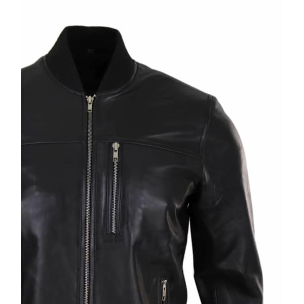 Mens Black Leather Bomber Jacket